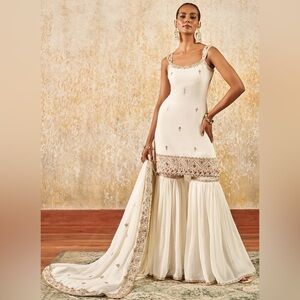 Lashkaraa Off White Embroidered Gharara Suit, XS
